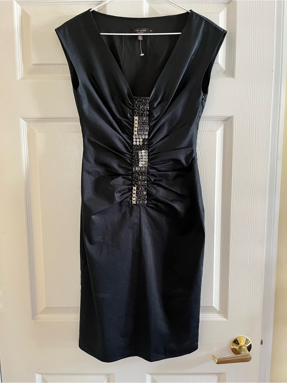 Ted Baker Black V-Neck Embellished Ruched Cocktail Dress